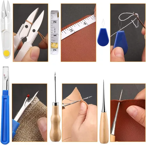 Miniatura 5 de BUTUZE Kit de reparación de tapicería, kit de costura de cuero, hilo de coser, hilo encerado, agujas de coser a mano resistentes, punzón de costura