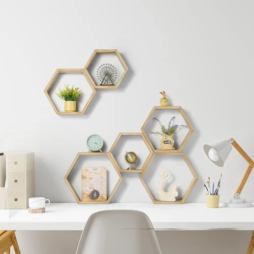 Miniatura 6 de YBING Estantes flotantes hexagonales montados en la pared de madera de granja de almacenamiento de nido de abeja, juego de 6 estantes hexagonales