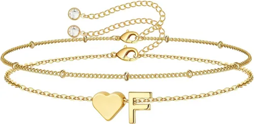 Miniatura 45 de M MOOHAM Pulseras de oro con inicial de corazón para mujer, pulseras con dije de letra A-Z de corazón dorado en capas para mujer, pulseras