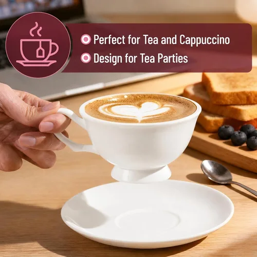 Miniatura 7 de Juego de 2 tazas y platillos de espresso de porcelana fina, juego de tazas de té blanco clásico de 5 onzas para café, capuchino, café con leche, té