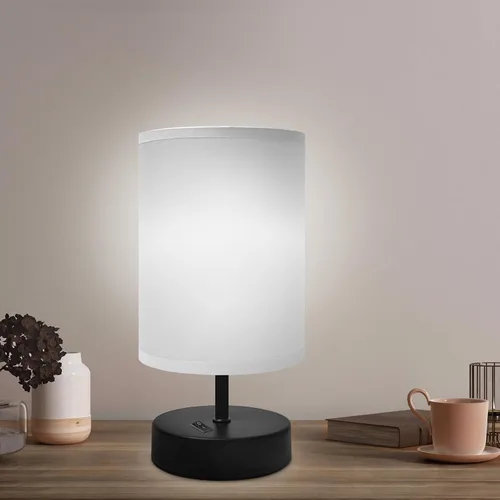 DEGNJU Lámpara pequeña de mesita de noche, pantalla de tela gris, 9 pulgadas, 1 paquete | Mini Minimalist Design, Round Shade, For Bedroom Night