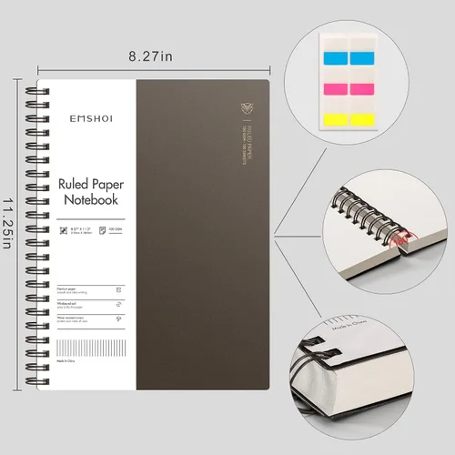 Miniatura 2 de EMSHOI Cuaderno de espiral A4, 11.2" X 8.27", diario rayado universitario, 300 páginas/150 hojas, páginas perforadas fáciles de rasgar, papel grueso