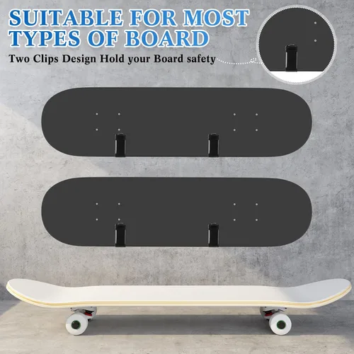Miniatura 5 de Zonon 4 clips horizontales de montaje en pared para snowboard, estante de pared para patineta, soporte de pared para patineta, estante de exhibición