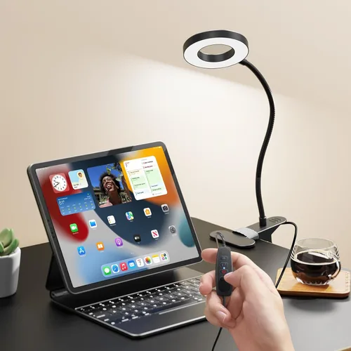 Miniatura 8 de Lámpara LED de escritorio con clip con 3 modos de color, 10 anillos de brillo/luz de abrazadera, cuello ajustable de 360°, regulable, protección
