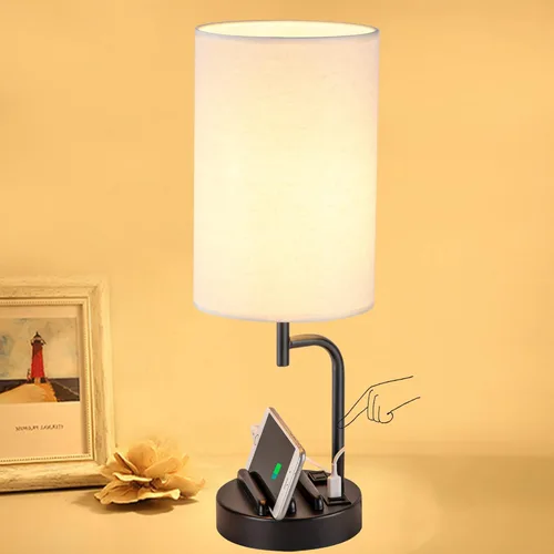 Lámpara de mesa USB con control táctil Dreamholder, lámpara de noche mejorada de 3 vías regulable con puertos de carga USB C & A y tomacorriente AC,