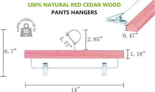 Miniatura 2 de Amber Home Paquete de 12 perchas para pantalones de madera de cedro rojo americano, perchas de madera de cedro natural con 2 clips ajustables
