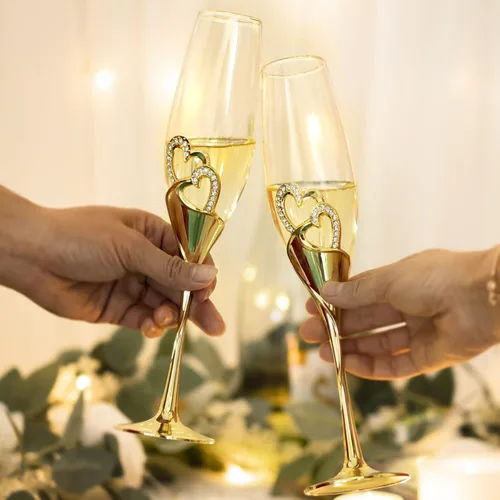 Miniatura 3 de Copas de champán para boda, copas de flauta para novia y novio, creativas copas de vidrio de lujo con borde de diamantes de imitación decoración