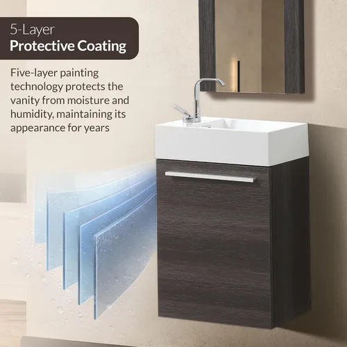 Miniatura 7 de Blossom Tocador de baño pequeño de 18 pulgadas con fregadero, gabinete flotante de madera maciza, resistente a la humedad, fregadero de profundidad