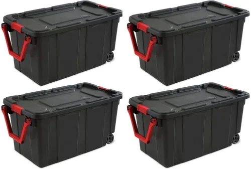 Sterilite 14699002 Bolsa industrial con ruedas de 40 galones/151 litros, tapa negra y base con mango y cierres rojos Racer, paquete de 4
