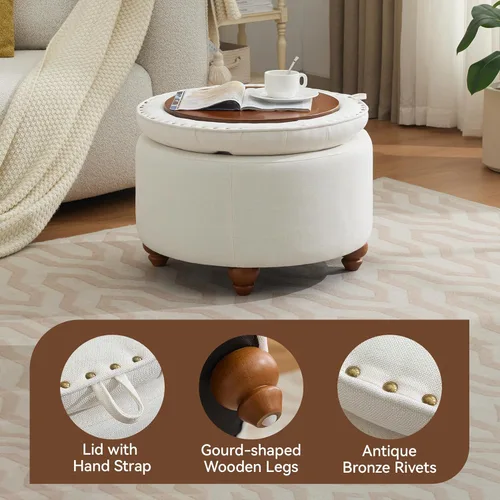 Miniatura 3 de WUTUTUEE Otomana redonda de almacenamiento de 24 pulgadas con bandeja, mesa de café circular tapizada moderna con almacenamiento, otomana tapizada