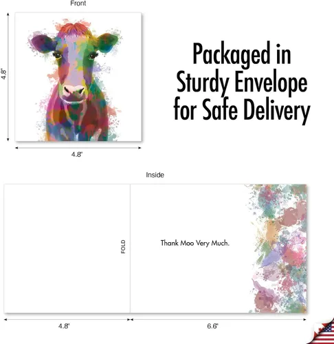 Miniatura 4 de The Best Card Company - Dulce tarjeta de agradecimiento con sobre, colorido animal impreso gratitud saludo - Cow Funky Rainbow Wildlife CQ4948ETYG