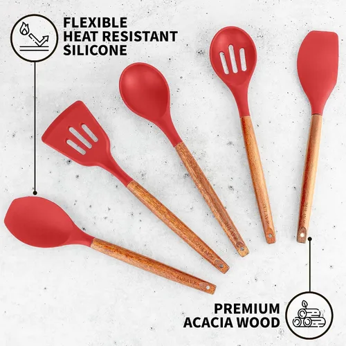 Miniatura 2 de Zulay Kitchen Juego de Utensilios de Cocina de Silicona Antiadherente con Auténticas Asas de Madera de Acacia - Juego de Utensilios de Silicona de 5