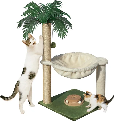 Fantasreen Poste rascador para gatos de 28 pulgadas, torre de árbol pequeño para gatos con hamaca, juguete para gatos, condominio interactivo de