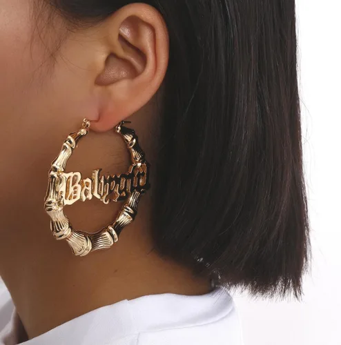 Miniatura 3 de Aretes de aro de bambú para mujer, de acero inoxidable, estilo de letra inglesa, estilo de los años 8090, accesorio para disfraz, conjunto de joyas