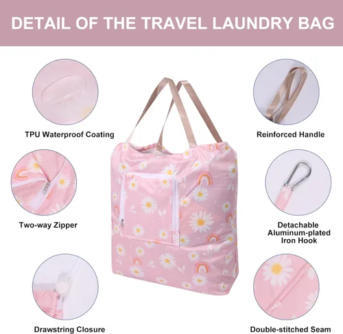 Miniatura 2 de Paquete de 2 bolsas de lavandería de viaje con asa y cordón, bolsas plegables expandibles para ropa sucia con gancho y cremallera, 23 x 20 pulgadas