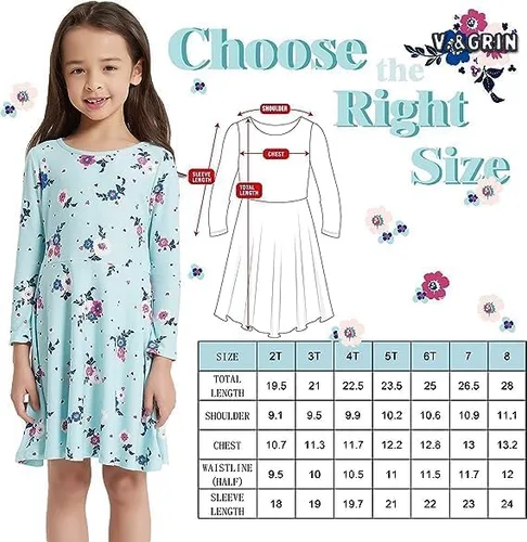 Miniatura 5 de V.&GRIN Vestido de niña suave de manga larga floral twirly casual y vestido de fiesta para niños pequeños de 2 a 8 años