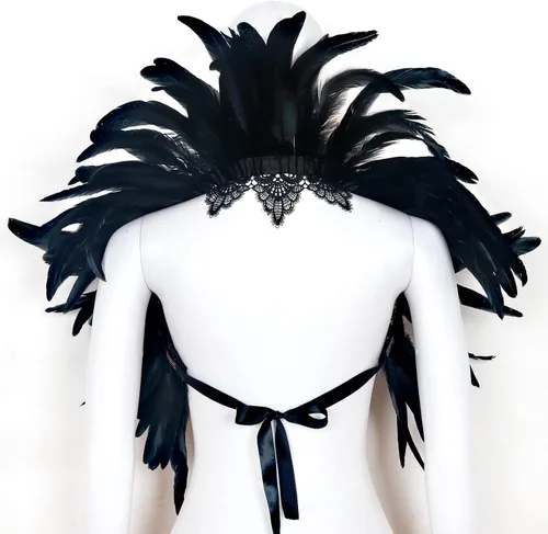 Miniatura 5 de L'VOW Abrigo de plumas negras para mujer, con cuello de encaje, para Halloween, para mujer