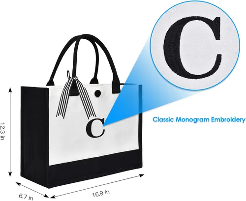Miniatura 2 de MRYUWB Bolsa grande de lona personalizada con inicial para mujer, bolsa de cumpleaños de boda, bolsa de playa bordada con monograma