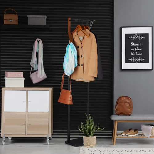 Miniatura 5 de Relaxdays Perchero de metal y madera moderno 3 ganchos y perchero, alto x ancho x fondo: 68.1 x 11.8 x 9.8 in, negro/marrón, 70% acero 30%, 1