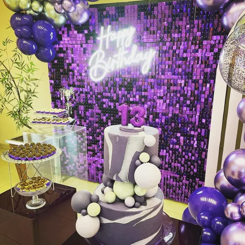 Miniatura 5 de COKAOBE Fondo de pared con brillo morado, 24 paneles cuadrados de lentejuelas brillantes, fondos de fotos para cumpleaños, aniversario, boda, Púrpura