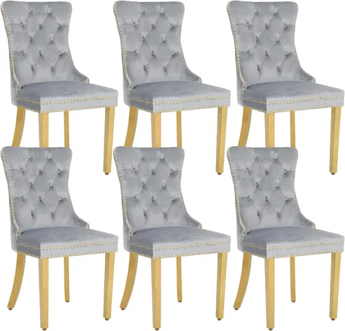 Miniatura 30 de Juego de 2 sillas de comedor de terciopelo, sillas de comedor modernas de lujo con patas de acero inoxidable doradas, sillas decorativas de cocina