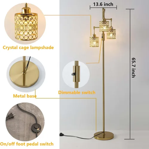 Miniatura 5 de Lámpara de pie industrial, lámpara de pie regulable, lámpara de árbol dorado, lámpara de pie con 3 elegantes pantallas de cristal para sala