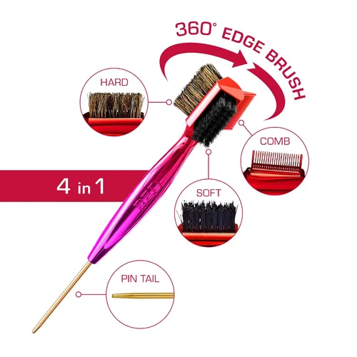Miniatura 3 de Red by Kiss Cepillo de pelo, 4 en 1 360 bordes con peine de burlas, cola de alfiler, cerdas de jabalí 100% para mujeres, cabello grueso y rizado