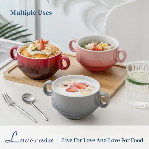 Miniatura 2 de LOVECASA Cuencos de Sopa Multicolor de 12 OZ con Asas, Cuencos Pequeños de Cerámica para Sopa de Cebolla Francesa, Mini Tazas de Sopa Cuencos
