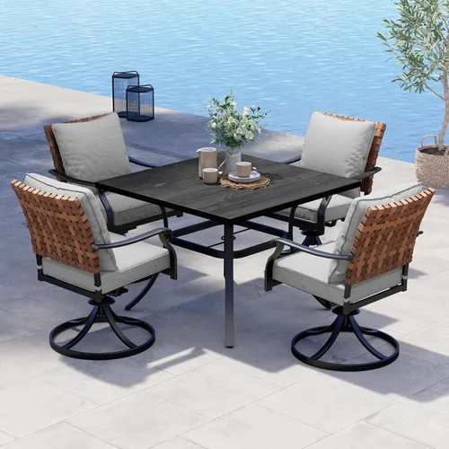 Grand patio Juego de comedor de exterior de 5 piezas, 4 sillas de patio giratorias de mimbre con aspecto de cuero y 1 mesa de comedor cuadrada,