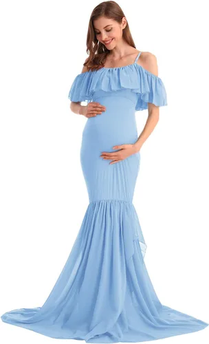 Miniatura 15 de MYRISAM Vestido de maternidad con volantes y hombros descubiertos para mujer, vestido de fiesta de sirena de gasa, vestido ajustado