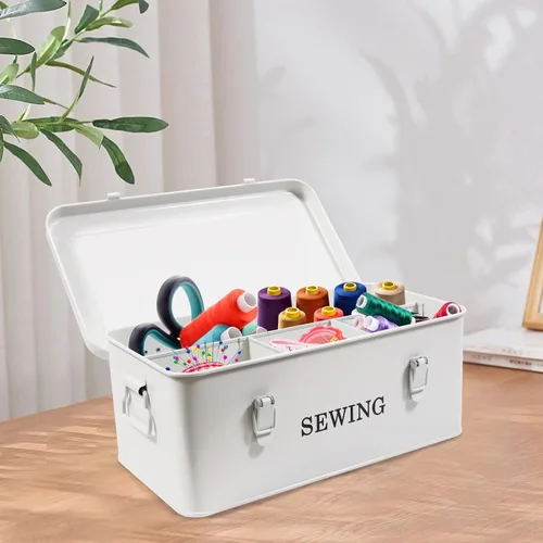 Miniatura 6 de Caja de costura, caja organizadora de costura de metal, caja de almacenamiento para kit de costura, estuche de suministros de costura con cerraduras
