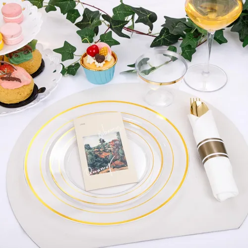 Miniatura 9 de DaYammi Juego de vajilla de plástico dorado transparente de 210 piezas para 30 invitados, platos desechables elegantes para fiestas, incluye: 30