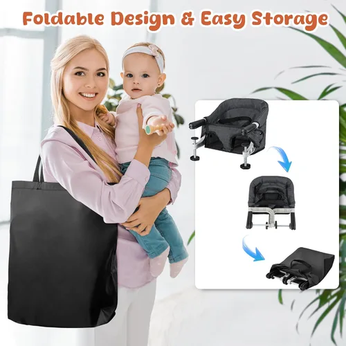Miniatura 6 de Silla alta de gancho, silla alta portátil plegable con clip, asiento de alimentación ligero con bolsa de almacenamiento, arnés de seguridad sin BPA