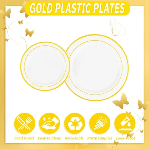 Miniatura 3 de WDF 120 platos de plástico desechables dorados, platos blancos y dorados, incluyen plato llano y plato de ensalada para fiestas, baby shower, boda