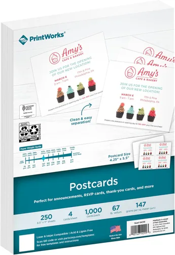 PrintWorks Postales imprimibles en blanco para correo e impresión, 1000 tarjetas (tamaño postal de 4.25 x 5.5 pulgadas), 4 por hoja, 250 hojas (8.5