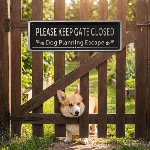Miniatura 2 de Paquete de 2 letreros de metal con texto en inglés «Please Keep Gate Closed» (Please Close the Gate Closed), diseño de perro de escape, aluminio