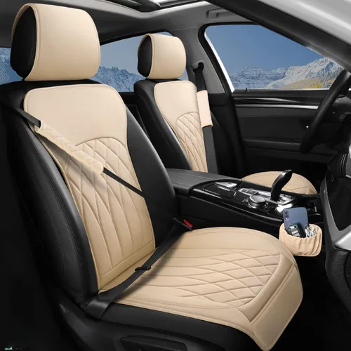 Miniatura 11 de BEITK Paquete de 2 fundas de cuero para asiento delantero de automóvil, protectores universales para asiento de automóvil sin laterales con bolsillo