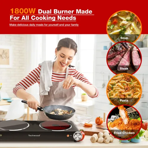 Miniatura 3 de Placa caliente, Techwood 1800W de doble quemador eléctrico, estufa de encimera de doble quemador para cocinar, placas calientes de cerámica Negro
