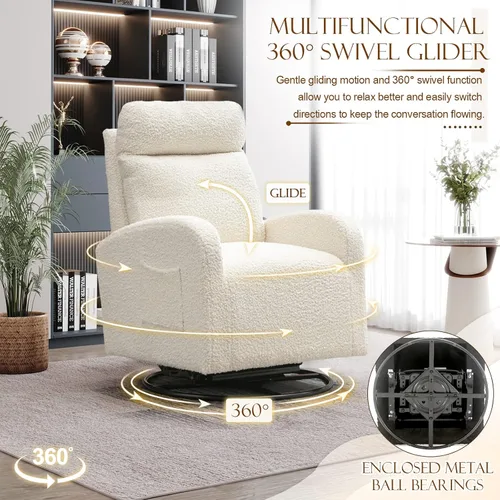 Miniatura 4 de Silla giratoria moderna, mecedora tapizada para guardería, cómoda silla mecedora con respaldo alto con bolsillo lateral y reposacabezas para sala