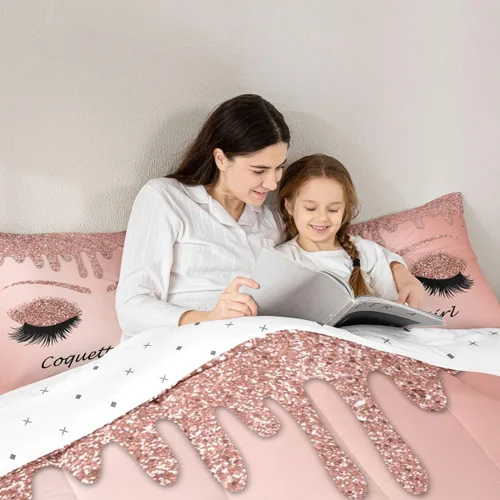 Miniatura 5 de Erosebridal Juego de edredón de pestañas, juego de ropa de cama de maquillaje femenino para niñas y mujeres, decoración de dormitorio de oro rosa