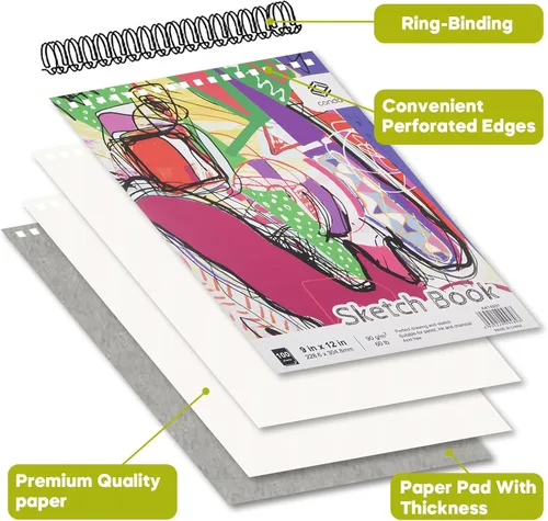 Miniatura 5 de CONDA Cuaderno de bocetos de 9 x 12 pulgadas, bloc de bocetos con espiral superior, 100 hojas (60 lb/90 GSM), papel de bocetos duradero libre