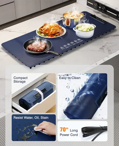 Miniatura 7 de Tapete de calentamiento de alimentos de 36 x 16 pulgadas, bandeja de calentamiento eléctrico de calentamiento rápido, 4 ajustes de temperatura, 3