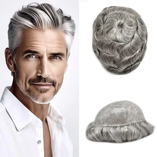 Miniatura 62 de Peluca completa de poliuretano para hombre, sistemas de reemplazo de cabello humano, piel fina y duradera, para hombre, prótesis de cabello