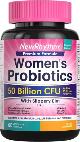 NewRhythm Probióticos para mujer, corteza de olmo resbaladizo, 50 mil millones de UFC por porción, 5 cepas, totalmente naturales, sin OMG, apoyo
