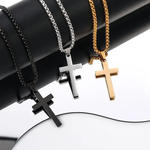 Miniatura 9 de LUXEJEW Collar de cruz para hombres y niños, collar con colgante de cruz de acero inoxidable dorado, plateado y negro, collar de cadena de eslabones