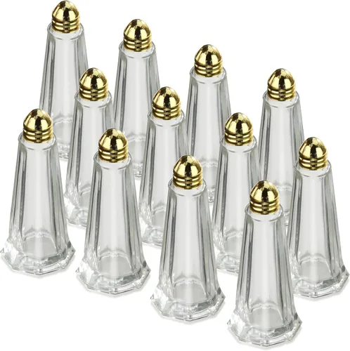 New Star Foodservice Juego de 12 saleros y pimenteros de torre de cristal, 1 oz, cocteleros de vidrio transparente con tapas chapadas en oro para
