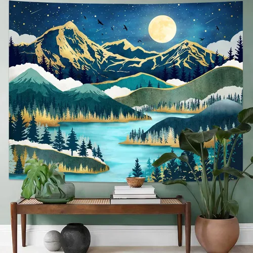 Miniatura 5 de Neasow Tapiz de luna de montaña, bosque natural, árbol, lago, paisaje, estrellas, noche estrellada, decoración de pared azul azulado para el hogar
