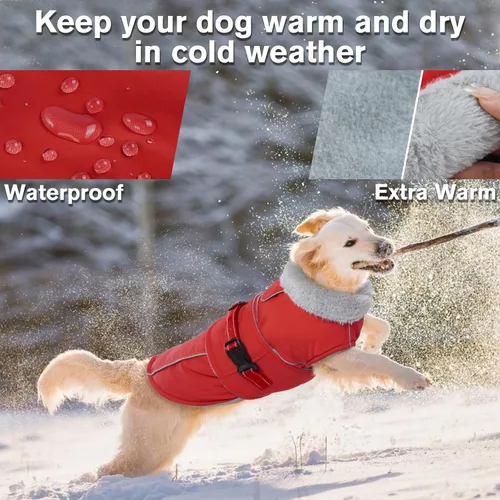 Miniatura 2 de Lelepet Abrigo cálido para perros – Chaleco reflectante impermeable de vellón con hebilla ajustable de gancho y bucle, chaqueta de invierno Rojo