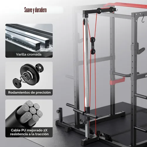 Miniatura 4 de Sportsroyals Jaula de Potencia, Rack de Potencia Multifuncional de 1600 libras con Sistema de Cruce de Cable Ajustable y Más Accesorios de Rojo