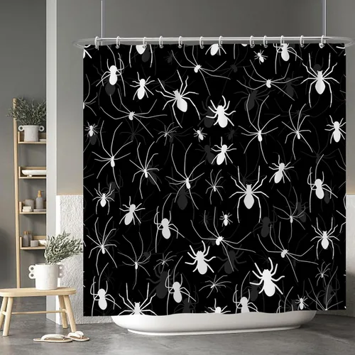 Miniatura 70 de Cortina de ducha de fantasma y gato negro para niños, 36 x 72 pulgadas, espeluznante y bonita, cortina de baño de Halloween con 6 ganchos, cortina
